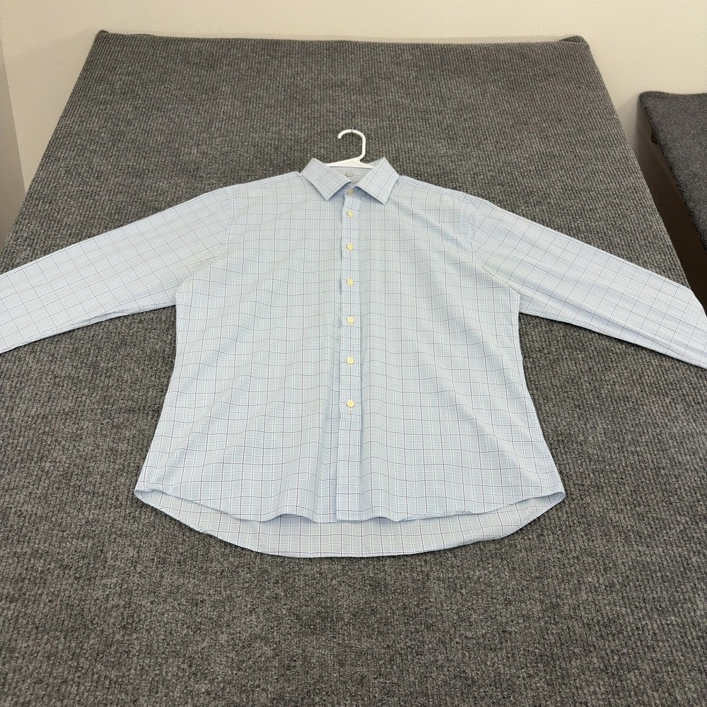 Charles Tyrwhitt Shirt Mens 17 Blue Cotton Plaid Slim Fit Dress Professional
